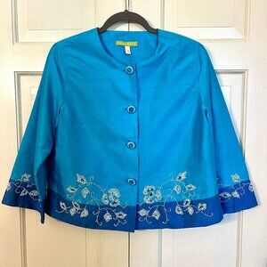 Sigrid Olsen Blue Color Block 100% Silk Cropped Jacket Beaded Detail Size 8